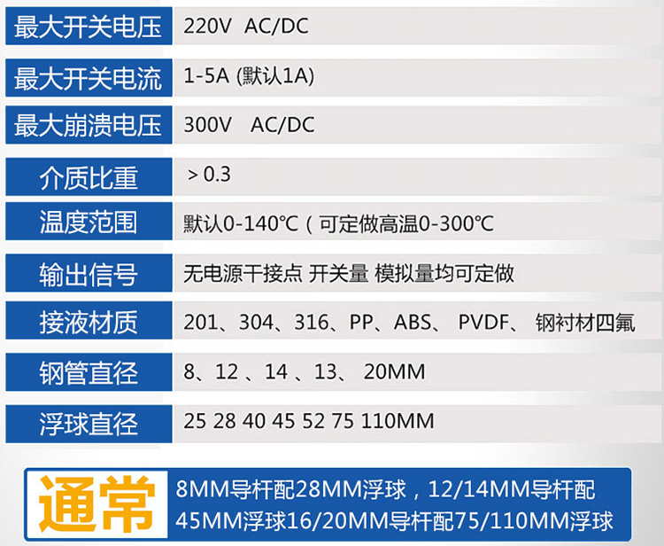 石油化工浮球液位計技術參數對照表